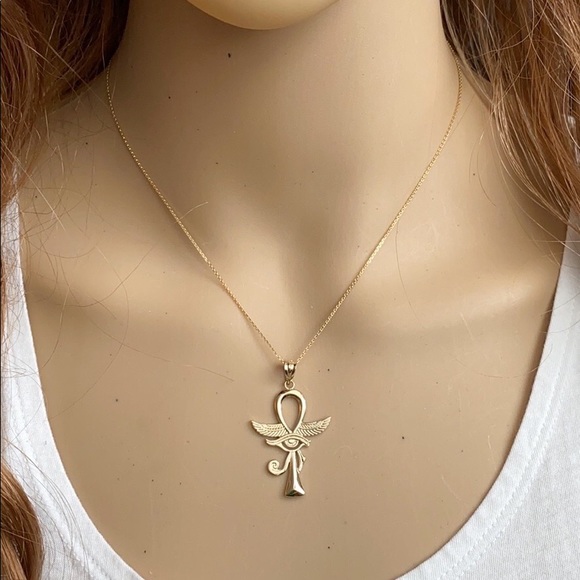 10K Solid Rose Gold Ankh Eye of Horus Necklace - Picture 4 of 7